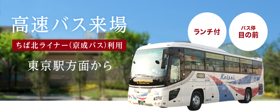 高速バス来場 ちば北ライナー（京成バス）利用。東京方面から。 ランチ付、バス停目の前